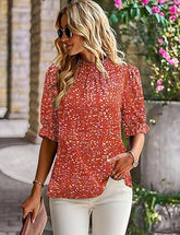 Elegant Mock Neck Ruffle Top unique Red Print– Women's Stylish Statement Blouse